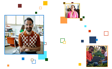 A collage of diverse individuals from around the world. Colorful #BuildFor2030 pixels surround them